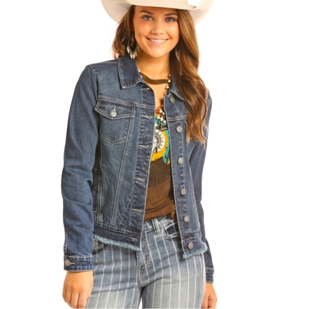Rock & Roll Cowgirl Trucker Jacket S Lace-Up Back Chore Barn Blue Denim Buttoned